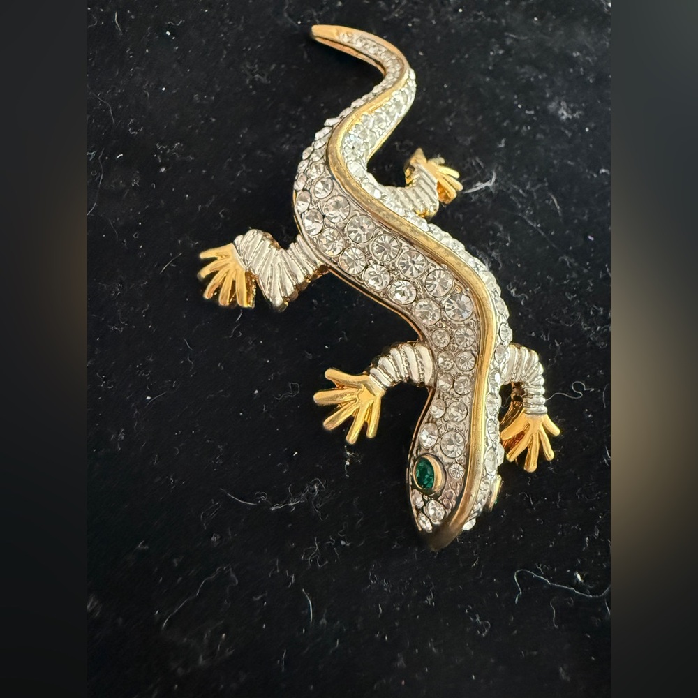 Vintage Gold-Tone & Crystal Lizard Brooch with Green Eye